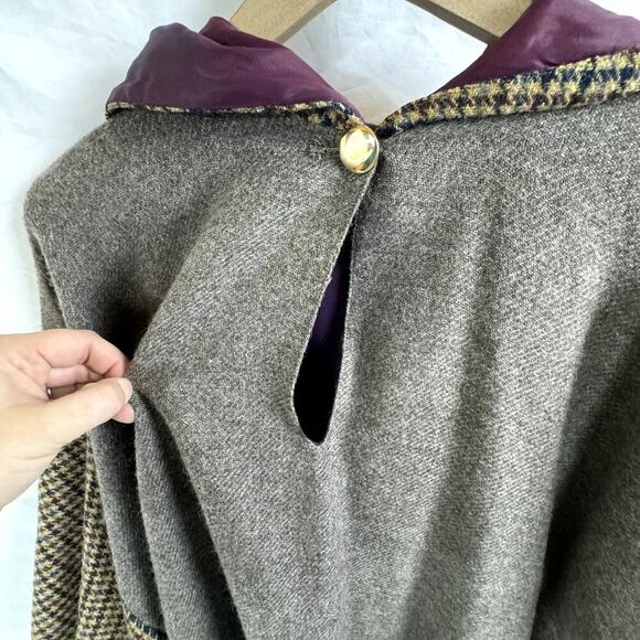 Vtg Wool Keyhole Neck Fringe Hem Pullover Hooded Cape Poncho Gray Women One Size - Picture 5 of 10